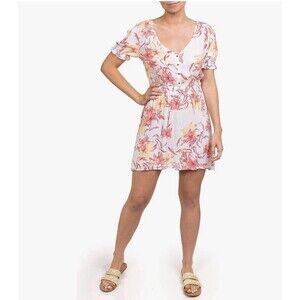 Hurley,Orange,yellow Brown Floral On White,short Sleeve Crepey Dress Size XS